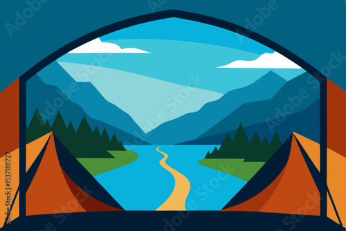 Vector illustration of summer camping in a mountain landscape with a lake at sunset