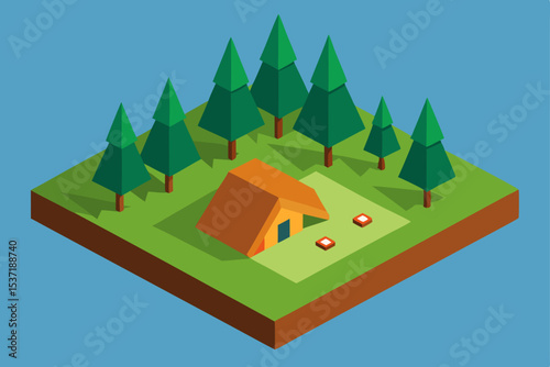 Cartoon village landscape illustration featuring a cozy house nestled on a hill by a forest