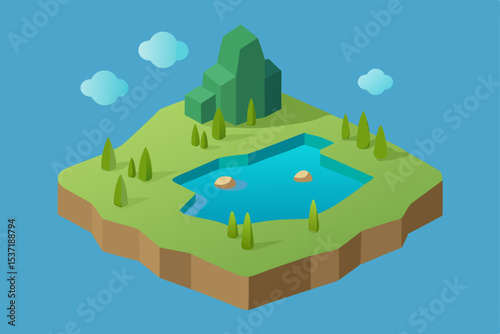 Vibrant cartoon landscape vector illustration of a summer village with houses, trees, mountains, and a bright sky