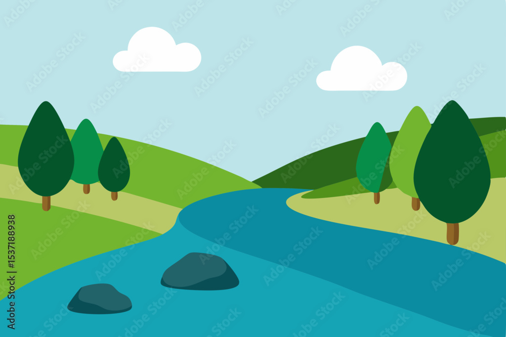 Summer landscape vector illustration with green hills, a river, trees, and a clear sky Summer landscape vector illustration with green hills, a river, trees, and a clear sky