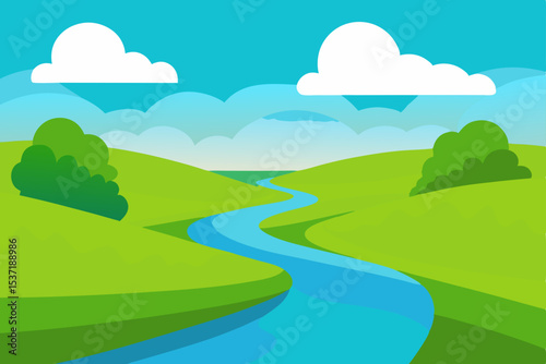 Lush green landscape with rolling hills, distant mountains, and a clear blue sky