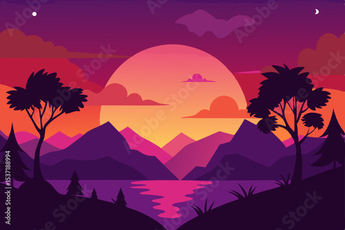 Vibrant summer sunset landscape illustration over mountains with a fiery orange sky, silhouetted trees, and a serene desert evening