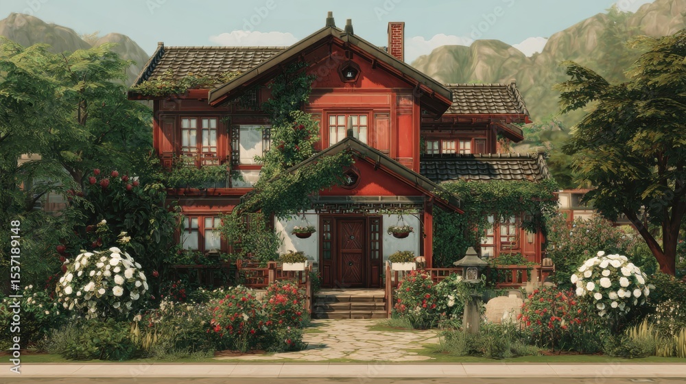 Fototapeta premium Charming Red Cottage with Lush Gardens and Mountain Backdrop