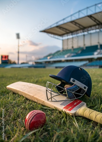 A cricket scene with a helmet, bat, and ball on a grassy field. The background features a stadium with empty stands, a scoreboard, and a floodlight, set against a sunset sky.