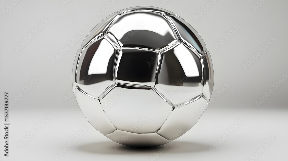 Naklejka premium 3D shiny chrome soccer ball, front view, metallic silver. Futuristic sports design symbolizing innovation, technology, and modern aesthetics—ideal for luxury branding and athletic visuals.