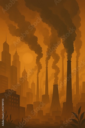 Industrial pollution and urban landscape depicting air pollution and environmental destruction