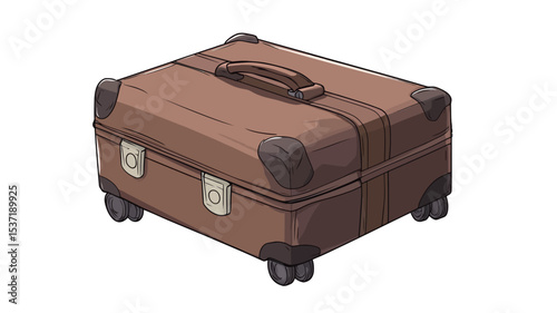 A digital illustration of a vintage brown suitcase with wheels. The suitcase is depicted in a slightly isometric perspective, showing its top, sides and front.  The suitcase is rectangular and