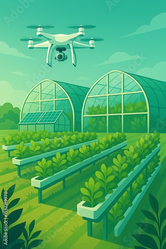 Modern agricultural concept of drone monitoring over greenhouses and sustainable crop farming