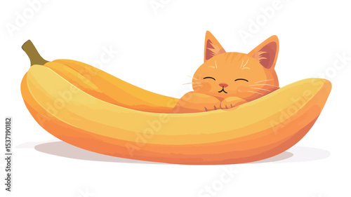 Digital illustration of a stylized orange kitten sleeping inside a large, oversized banana. The style is cartoonish and cute, with soft pastel colors and smooth lines. The background is plain