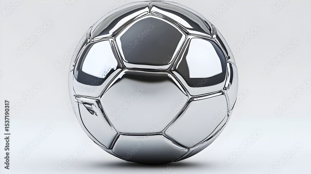 Naklejka premium 3D shiny chrome soccer ball, front view, metallic silver. Futuristic sports design symbolizing innovation, technology, and modern aesthetics—ideal for luxury branding and athletic visuals.