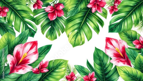 Horizontal watercolor seamless border of lush green tropical palm and monstera leaves , tropical background, art