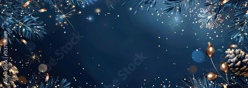 Elegant Holiday Background with Sparkling Christmas Decorations, Pine Branches, and Festive Lights on Dark Blue