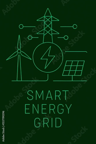 Modern illustration of smart energy grid showing wind turbines solar panels and power lines