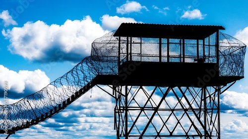 Silhouette of a guard tower with barbed wire.