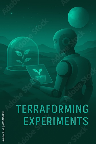 Robot observing a plant in a space habitat for terraforming experiments in futuristic setting.