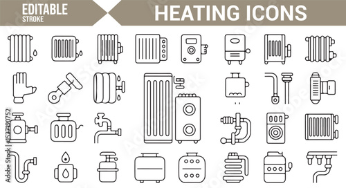 Vector Icons Representing Home Heating, Boilers, and Energy Systems