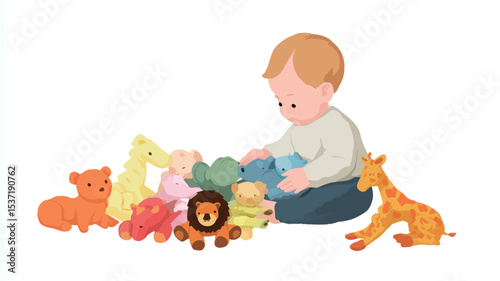 Digital illustration depicting a toddler with fair skin and blonde hair sitting on a white background surrounded by a variety of brightly colored stuffed animal toys. The toddler is shown from the