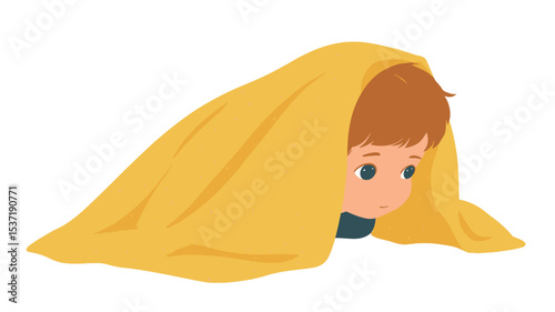 A digital illustration depicting a young boy with short reddish-brown hair partially visible from under a bright yellow blanket.  The blanket is draped over his head, obscuring most of his body.