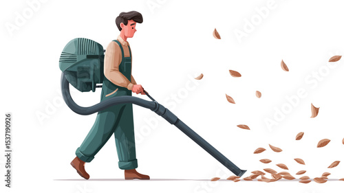 A digital illustration depicting a man in green overalls using a backpack leaf blower. The man is walking and blowing leaves. The style is cartoonish or vector-based, with a simple background of