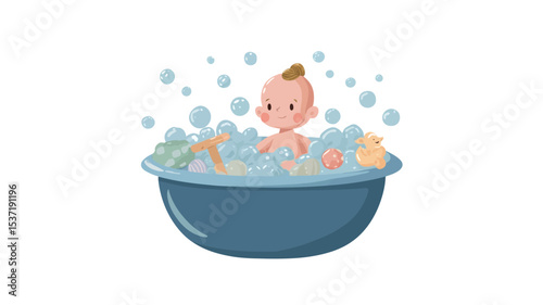 A digital illustration depicting a cartoon baby sitting in a blue bathtub filled with soapy water and surrounded by colorful bath toys.  Bubbles are floating around the baby. The style is simple