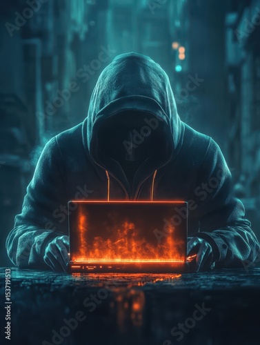 Mysterious hooded figure warns of crypto fraud with a glowing laptop under a dark, ominous mood.