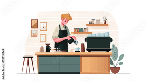 A vector illustration depicting a young, blond-haired male barista wearing an apron, standing behind a wooden counter in a coffee shop. He is pouring coffee from a metal pitcher into a cup.