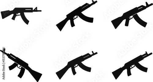 Gun silhouette vector illustration of various weapons including rifles, pistols, and machine guns isolated on white