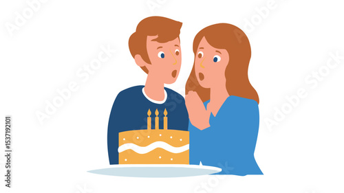 A digital illustration depicting a young man and woman, both with surprised expressions. The man has brown hair and is wearing a dark blue sweater. The woman has reddish-brown hair and is wearing 