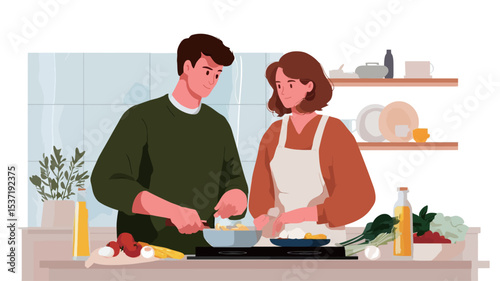A digital illustration depicts a young couple in a kitchen preparing a meal together. The style is flat vector illustration, with clean lines and minimal detail.  The color palette is muted and