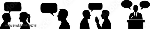 Black silhouettes of people engaging in various conversation scenarios with speech bubbles above them.