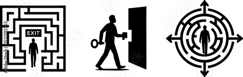 Silhouette of problem solution concept. A person navigates through a maze to find an exit, unlocks a door with a key, and explores pathways symbolizing problem-solving and decision-making.