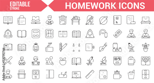 Editable Icons of Books, Stationery, and Homework Supplies