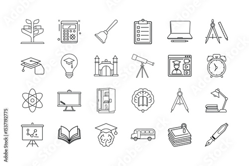 Education and School Supplies Line Art Icons – Creative Vector Set of Learning, Science, and Classroom Tools
