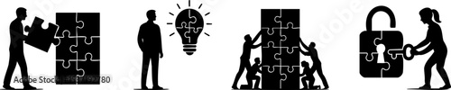 Problem solution concept. Silhouettes illustrate teamwork, problem-solving, idea generation, and security through puzzle pieces, a light bulb, and a padlock with a key.