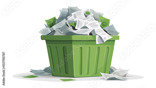 A digital illustration depicting a light green, octagonal trash can overflowing with crumpled white pieces of paper. The paper is depicted in a stylized, slightly cartoonish manner