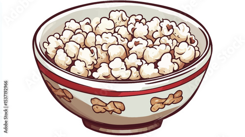 A digital illustration of a bowl filled with popcorn. The bowl is off-white with a red band and a repeated pattern of small brown bows. The popcorn is light beige and appears fluffy and textured.