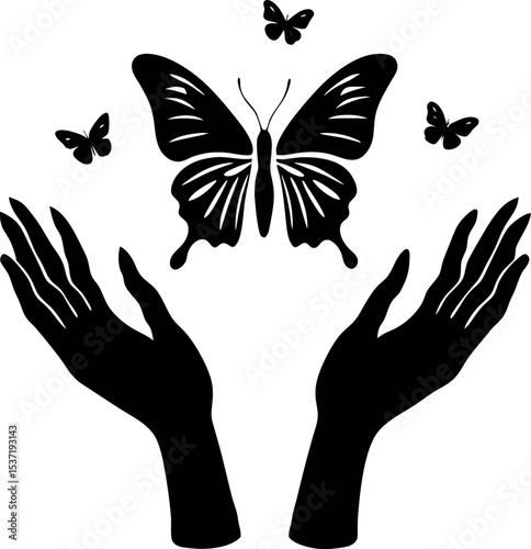 butterfly on hand  silhouette vector on a transparent background