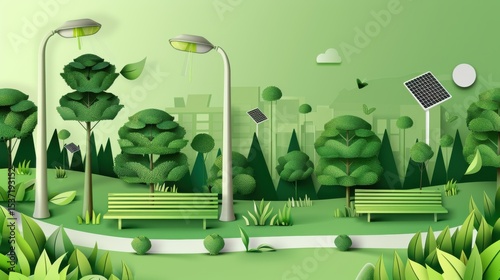 A conceptual illustration of a green urban park with integrated solar benches and rainwater harvesting systems, symbolizing sustainable urban infrastructure and eco-friendly public spaces