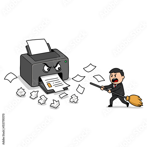 Angry man wielding broom against a hostile printer amid scattered paper