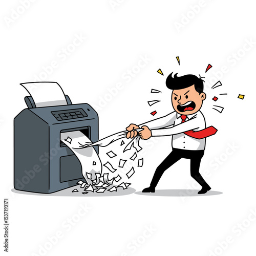 An angry man pulls stuck paper out of an office printer with paper scraps around