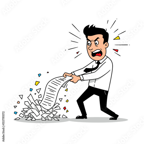 Angry man tears paper office rage
