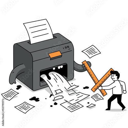 An angry man brandishes rulers against an anthropomorphic malfunctioning printer spewing paper