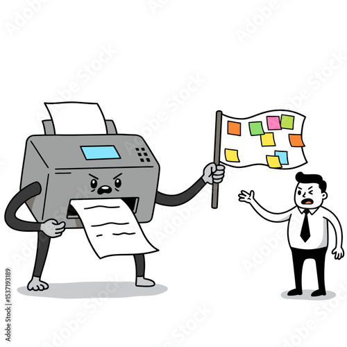 Angry printer with limbs holding a stickynote flag against a dismayed man in a tie