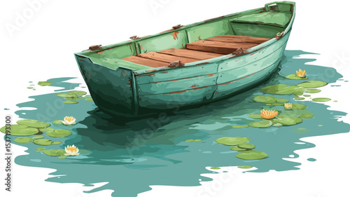 Digital painting or watercolor illustration of a small, teal-colored rowboat floating on calm water. The water is depicted with lily pads and water lilies. The style is painterly, with visible