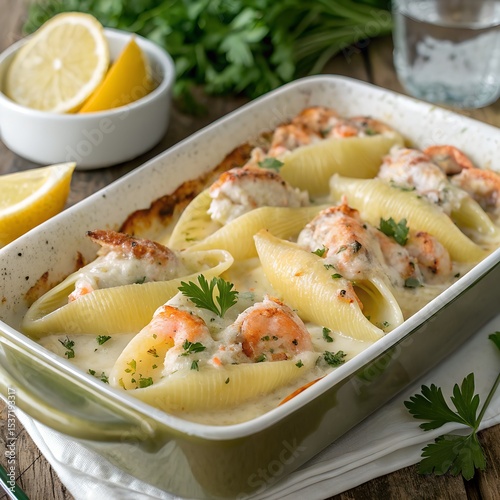 Golden baked seafood stuffed shells in a casserole