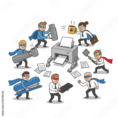 Illustrated superhero office workers battle a printer robot armed with office supplies like staplers and mugs