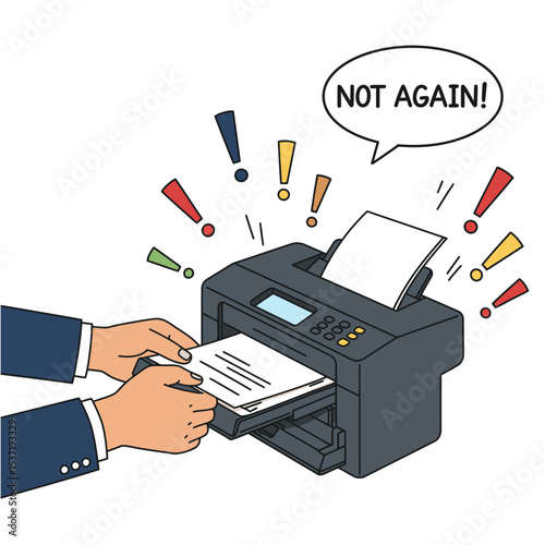 Illustration of hands pulling jammed papers from a printer surrounded by exclamation points and a speech bubble saying NOT AGAIN