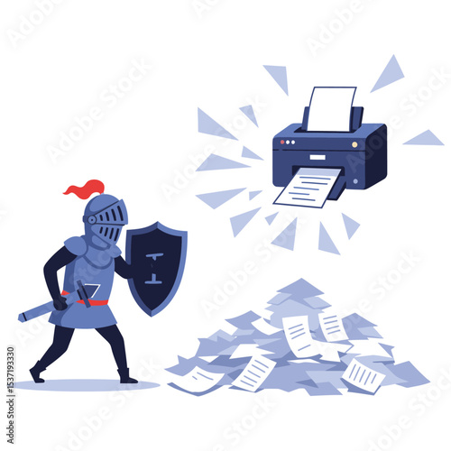 Knight armed with sword  shield confronts a printer spewing paper above a large pile