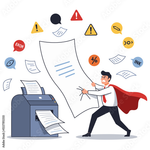Irritated caped man wrestles with a large paper jam from a printer surrounded by documentrelated icons