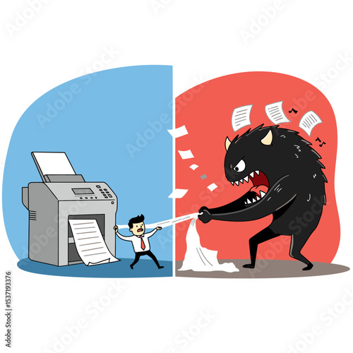 Office worker and monster are tugging at a paper coming out of a printer